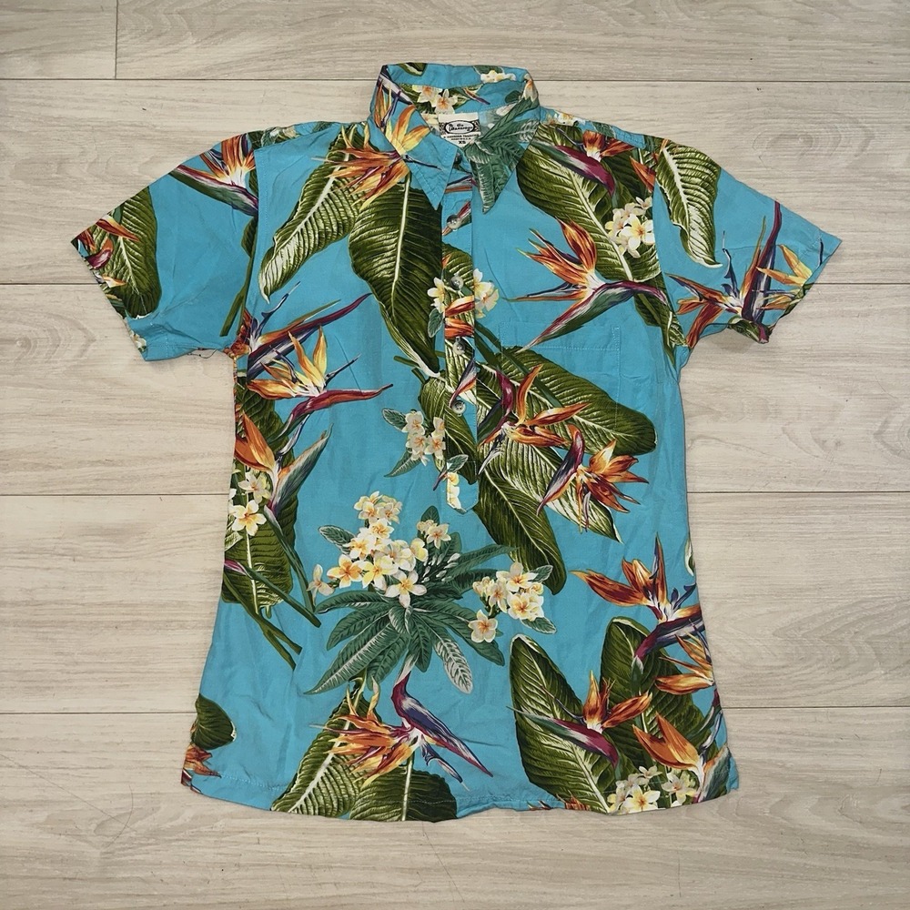 Go Barefoot Blue Floral Hawaiian Shirt 100% Cotton Womens XS USA Made Classic